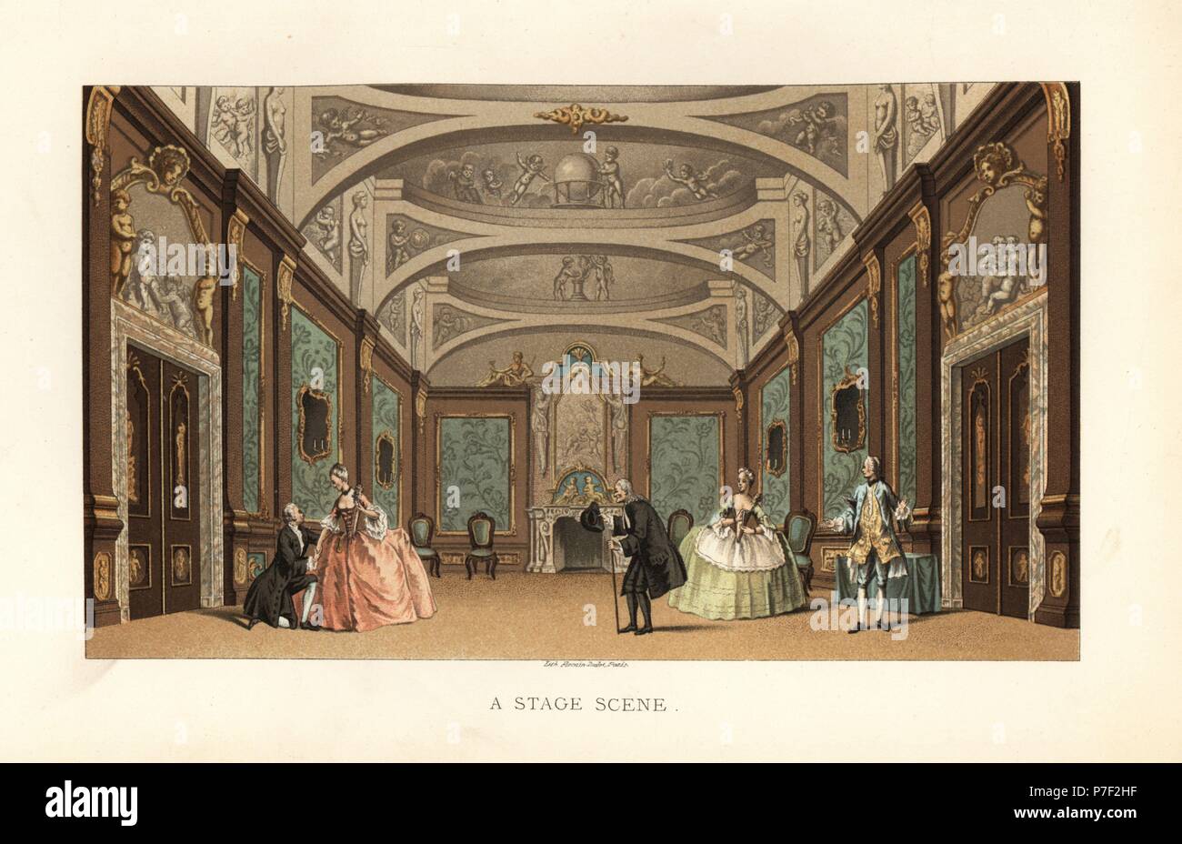 Scena di uno spettacolo teatrale in un edificio del xviii secolo teatro di Parigi. Chromolithograph da Paul Lacroix' del XVIII secolo: le sue istituzioni, le usanze e i costumi, Londra, 1876. Foto Stock