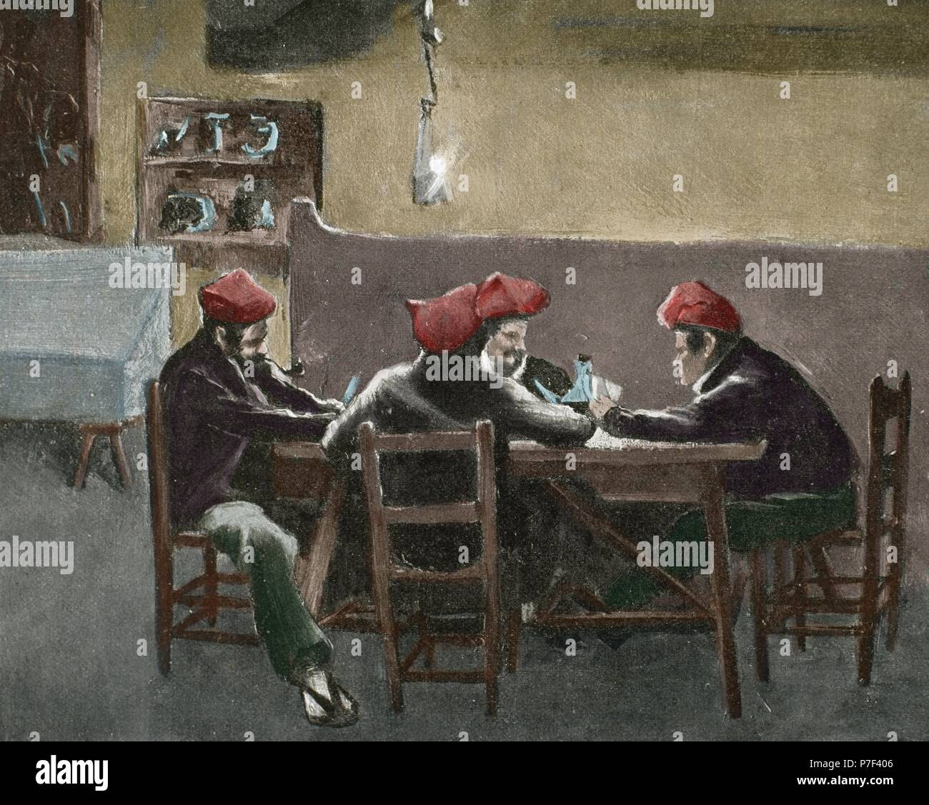 Marian Vayreda i Vila (1853-1903). Lo scrittore catalano. Renaissance. La Punyalada. Illustrazione di Josep Berga (1837-1914) e Josep Berga Boada (1872-1923). La Ilustracion Catalana, 1903. Incisione colorata. Foto Stock