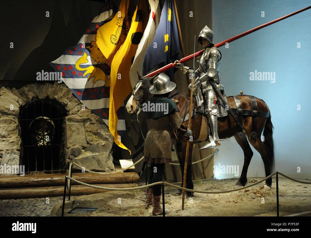 Le figure che mostra un soldato a cavallo e a piedi la voce per la battaglia di Brunkeberg (1471). Esercito Svedese. Medioevo. Museo Medievale. Stoccolma. La Svezia. Foto Stock