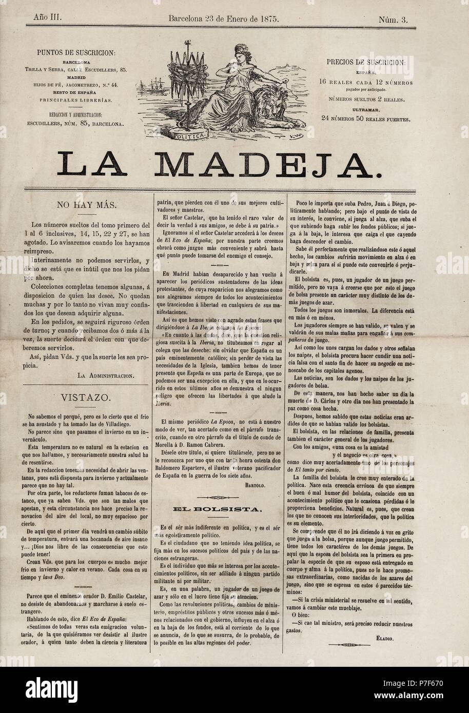 Revista de 'La Madeja', nº 3, editada en Barcelona, 23 enero 1875. Foto Stock