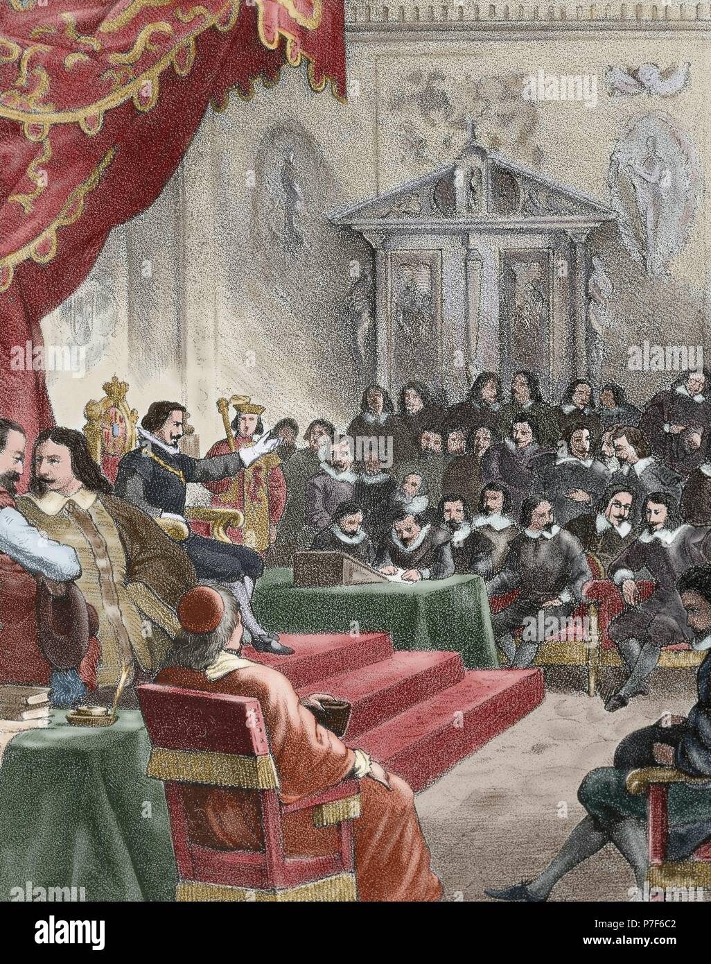 La storia della Spagna. Tribunali castigliano detenute nel 1636 sotto la monarchia di Filippo IV (1605-1665). Incisione in "Historia de Espan a". Xix secolo. Colorati. Foto Stock