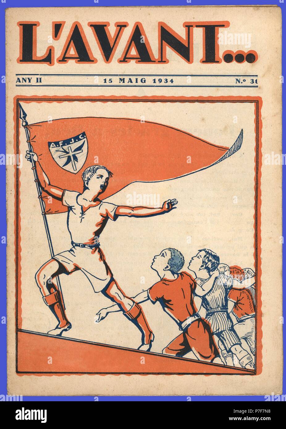 Portada del semanario L'Avant, órgano de la Federación de Jóvenes Cristianos de Catalunya. Barcellona, año 1934. Líder delle nazioni unite onu dirige il grupo de Jóvenes. Foto Stock