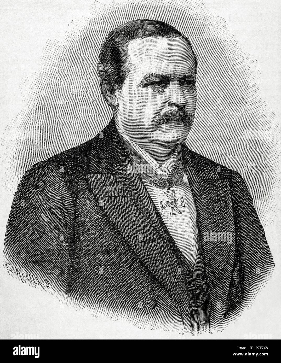 Max von Forckenbeck(1821-1892). Avvocato e uomo politico tedesco. Sindaco di Berlino da 1878-1892. Uno dei fondatori del liberale Partito Nazionale. Ritratto. Incisione di E. Krell. "Historia universale", 1883. Foto Stock
