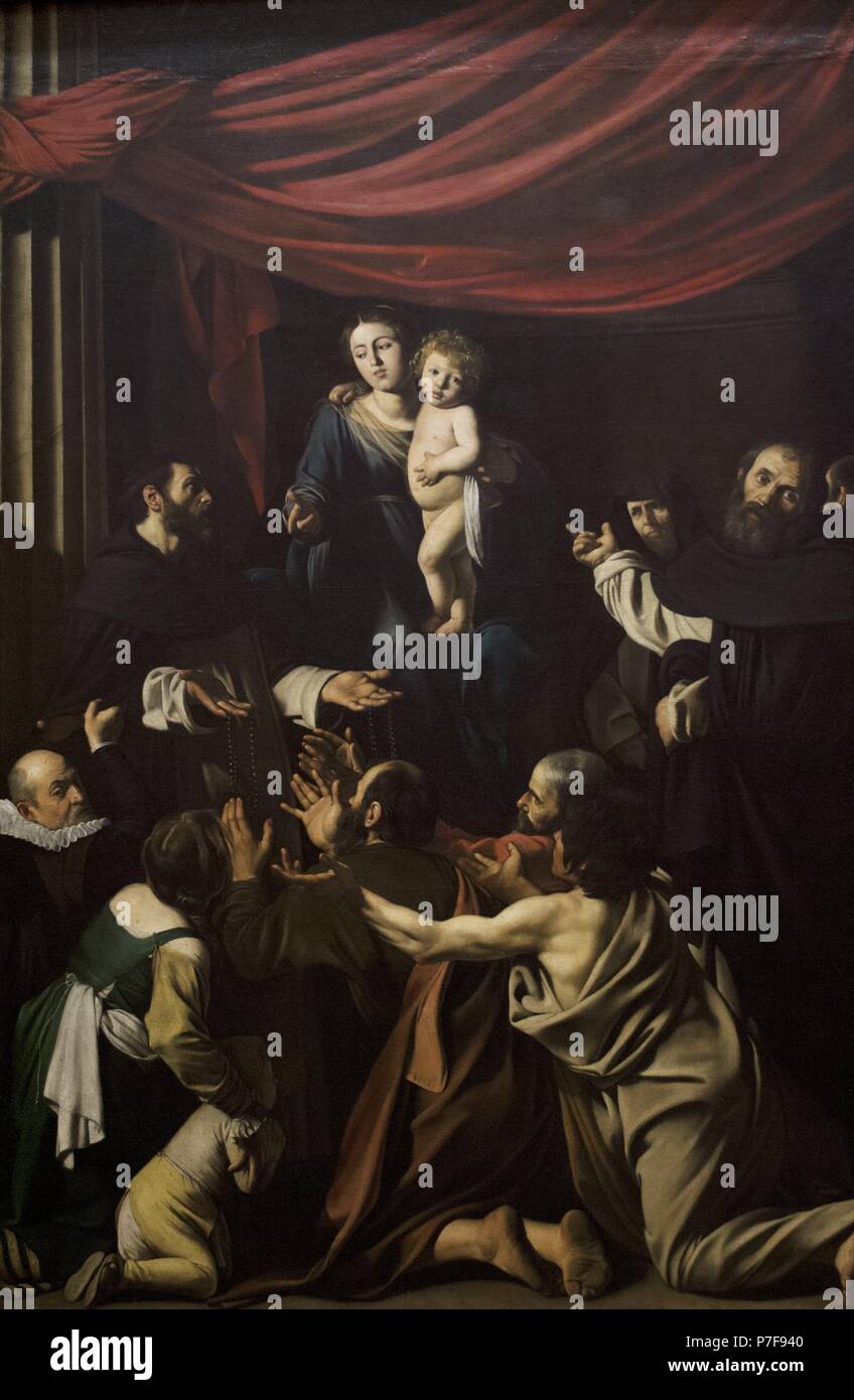 ARTE BARROCO. ITALIA. CARAVAGGIO (Michelangelo Merisi o Amerigi) (Caravaggio, 1573-Port'Ercole, 1610). Pintor italiano de la Escuela lombarda, introductor del tenebrismo. "Madonna del Rosario, 1604-05" (Virgen del Rosario). Oleo sobre tela. 364x249 cm. Museo de Historia del Arte (Kunsthistorisches Museum). Viena. Austria. Foto Stock