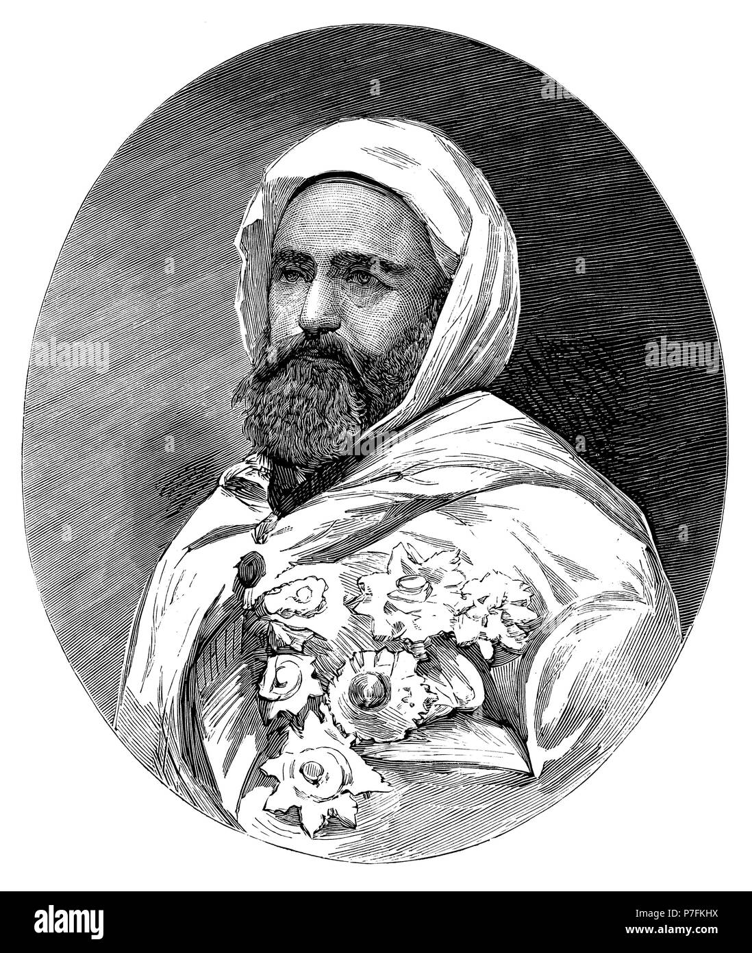 Abd-El-Kader (1808-1883), emir de Argelia; sultán que luchó contra la colonización francesa. Grabado de 1879. Foto Stock