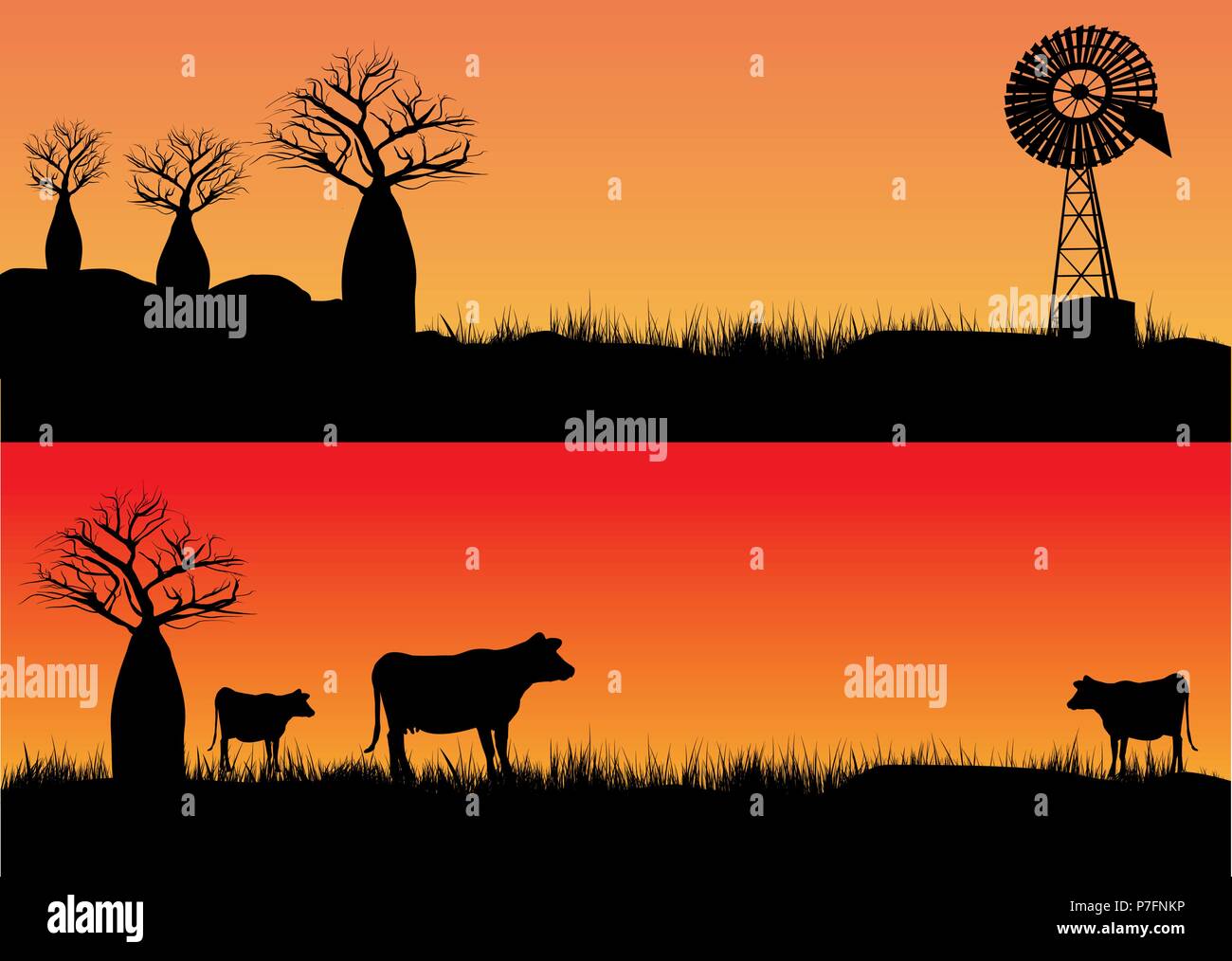 Tre mucche al tramonto e outback mulino a vento silhouette Illustrazione Vettoriale