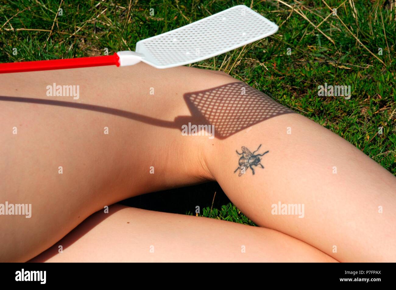 Volare sulla gamba femminile, tatuaggi, Germania Foto Stock