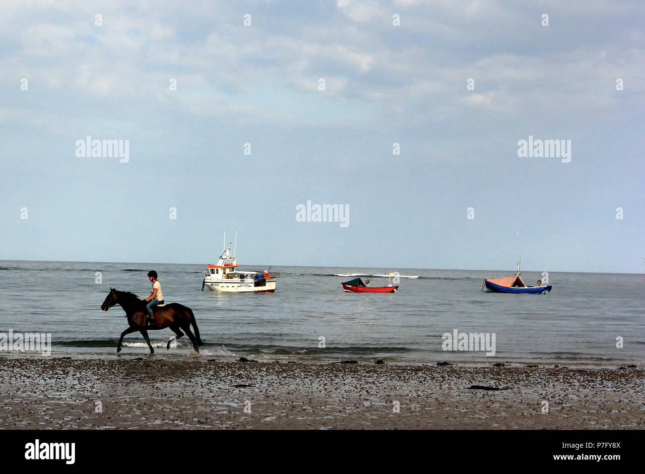 Boulmer, Northumberland. 5 Luglio, 2018. Regno Unito: Meteo Boulmer (pronunciato "Boomer') uno di Northumberland dell ultima genuine villaggi di pescatori, casa di RAF Boulmer. Popolari per passeggiate a cavallo lungo la spiaggia. 6 Luglio, 2018. Credito: David Whinham/Alamy Live News Foto Stock