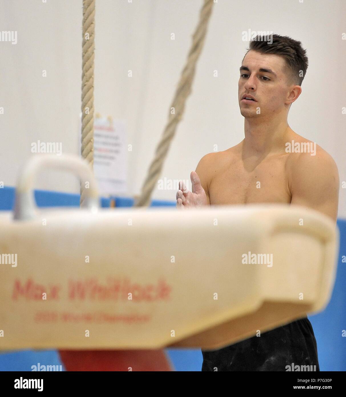 Basildon, Regno Unito. 6 luglio 2018. Max Whitlock. Glasgow 2018 Ambasciatore di ginnastica. South Essex club di ginnastica. Basildon. Essex. Regno Unito. 06/07/2018. Credito: Sport In immagini/Alamy Live News Foto Stock