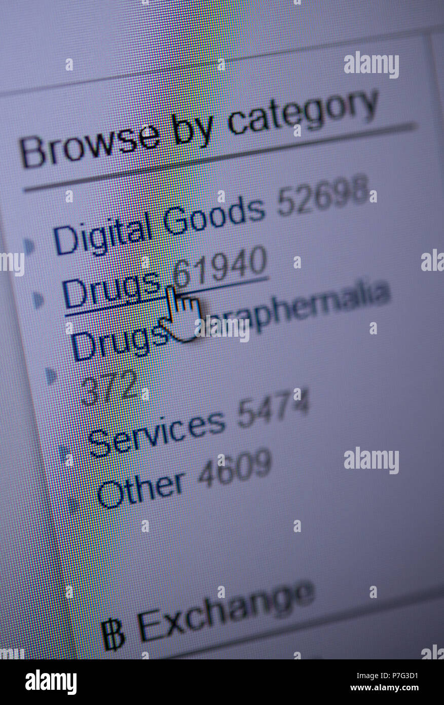 Germania, Stuttgart. 6 Luglio, 2018. Un cursore è posto sopra il pulsante lettura "droga" su una pagina web darknet. Credito: Sebastian Gollnow/dpa/Alamy Live News Foto Stock