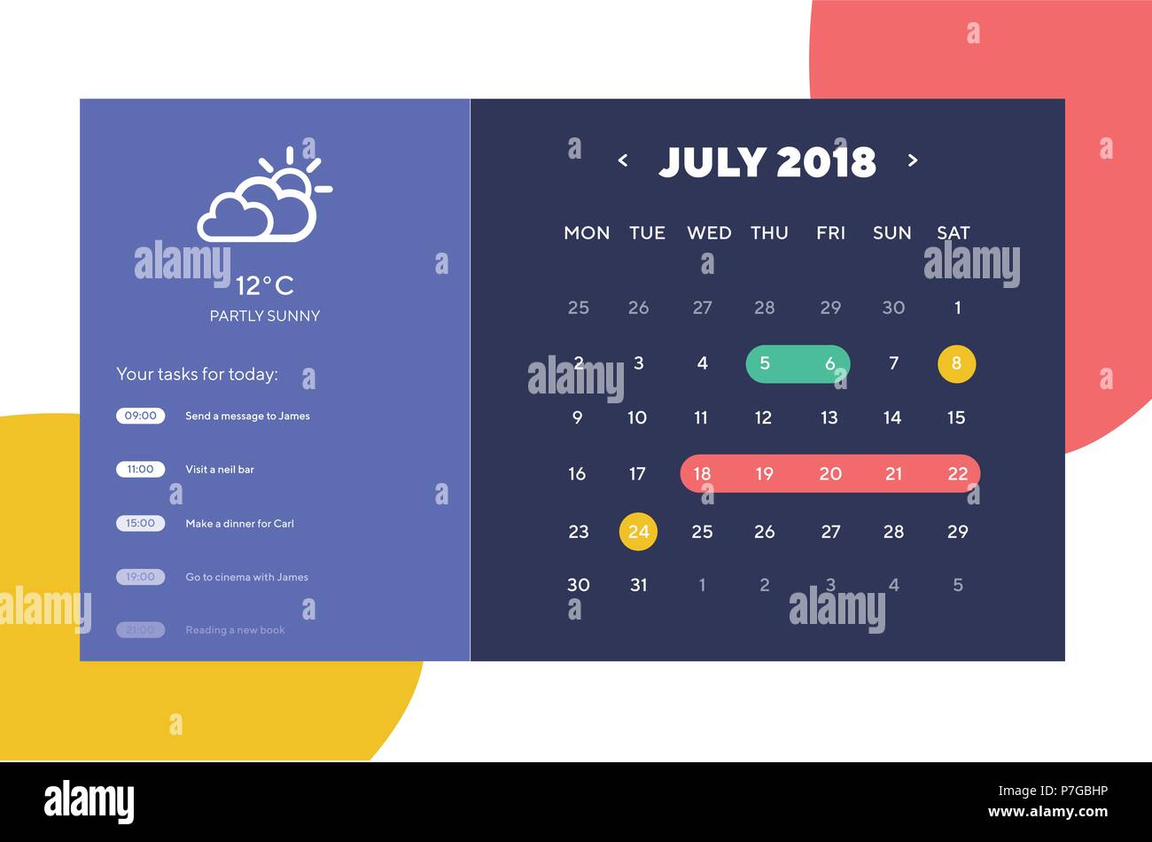 Fatto giorno Planner e app Calendario Ui Ux Design. UI, UX e gui layout del modello per le applicazioni mobili. Widget calendario Illustrazione Vettoriale