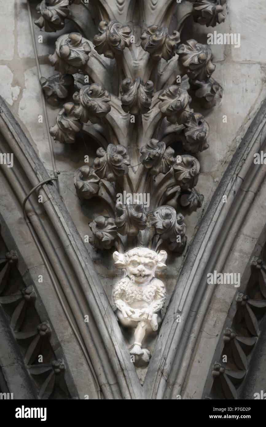 L'iconico pim in pietra scolpita in una nicchia in cui due pilastri unisciti alla cattedrale medievale, Lincoln, Inghilterra. Foto Stock