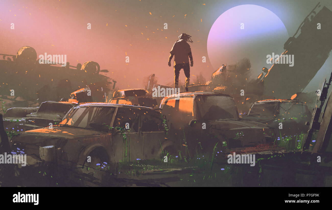 Uomo in piedi sul tetto delle auto abbandonate nel cimitero del veicolo al tramonto, arte digitale stile, illustrazione pittura Foto Stock