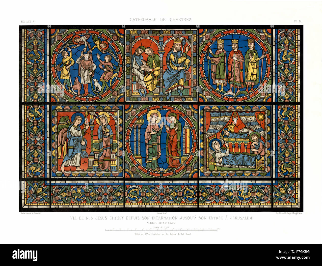 Deutsch: aus der Mappe: Monografie de la Cathedrale de Chartres - Atlas (1867), Glasfenster: Das Leben von Gesù, 12. Jhdt. Inglese: Monographia della cattedrale di Chartres, Chrome litografia della vetrata: la vita di Gesù, Parigi, Imprimerie impériale, 1867 Français : Monographie de la Cathédrale de Chartres - Atlas (1867) - Vitrail de la vie de Jésus Cristo"feuille A - Cromo-lithographie. 3 marzo 2016, 21:16:09 158"feuille un Monografie de la Cathedrale de Chartres - Atlas - Vitrail de la vie de Gesù Cristo - versione restaurata 62- Foto Stock
