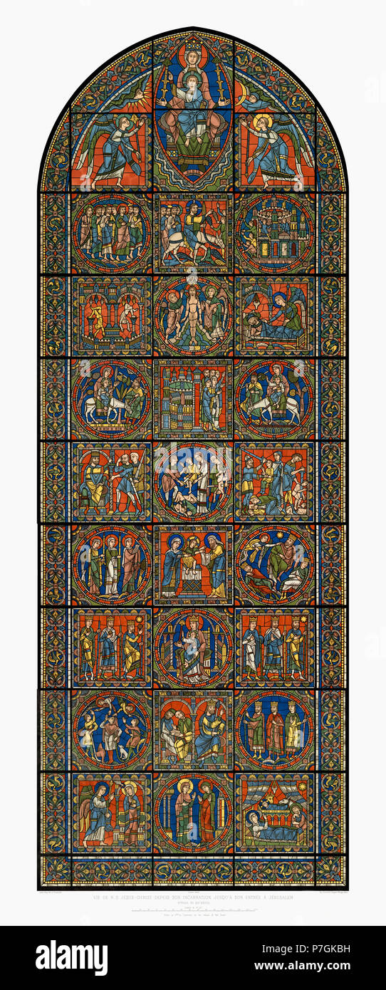 Deutsch: aus der Mappe: Monografie de la Cathedrale de Chartres - Atlas (1867), Glasfenster: Das Leben von Gesù, 12. Jhdt. Gesamtansicht - Originalgröße 12605 x 30236 px. Retouchiert und aus den Einzelblättern zusammengesetzt. Darstellungsverhältnis 1:6. Dieses Fenster ist über 10m hoch. Inglese: Monographia della cattedrale di Chartres, Chrome litografia della vetrata: la vita di Gesù, Parigi, Imprimerie impériale, 1867 - Completare la finestra, dimensioni originali 12605 x 30236 px. Ritoccate e combinded da 5 fogli singoli (1:6), questa finestra ha un altezza di oltre dieci metri Français Foto Stock