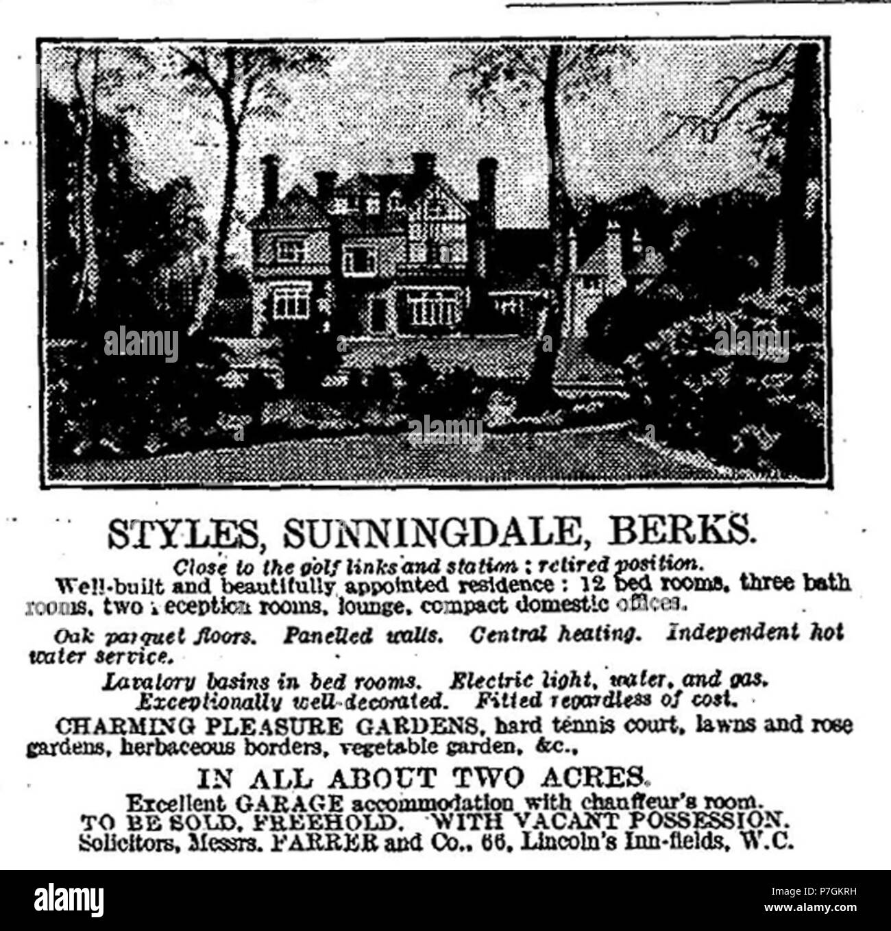 Inglese: la pubblicità per la vendita di stili, di carte stradali, Sunningdale, Ascot nel 1927. 1927 358 stili Sunningdale 1927 Foto Stock