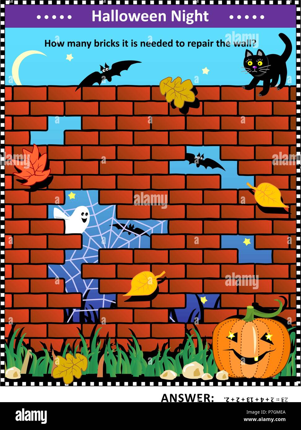 Notte di Halloween themed visual math puzzle con fori in rosso e parete di mattoni: quanti mattoni è necessaria per la riparazione del muro? Risposta inclusa. Illustrazione Vettoriale