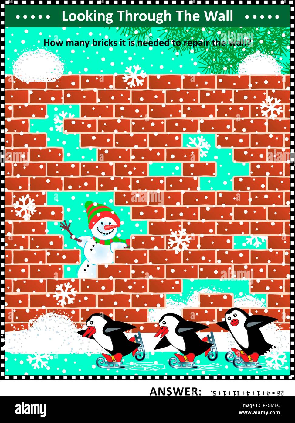 In inverno, il Natale o il nuovo anno themed visual math puzzle con fori in rosso e parete di mattoni: quanti mattoni è necessaria per la riparazione del muro? Risposta incluso Illustrazione Vettoriale