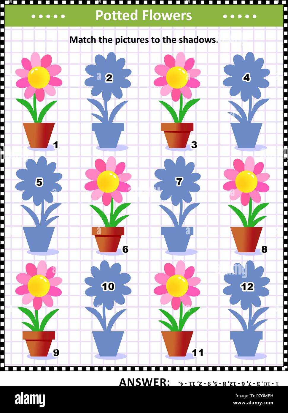 Visual puzzle o immagine enigma con vasi di fiori: abbinare le immagini per le loro ombre. Risposta inclusa. Illustrazione Vettoriale