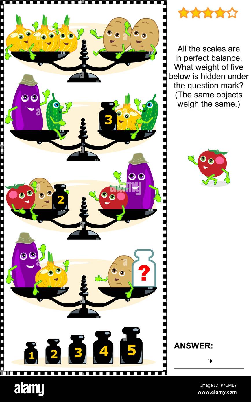 Visual math puzzle con bilance, pesi, Melanzane, cipolle patate, cetrioli e pomodori: qual il peso di cinque al di sotto è nascosto sotto la domanda? Illustrazione Vettoriale