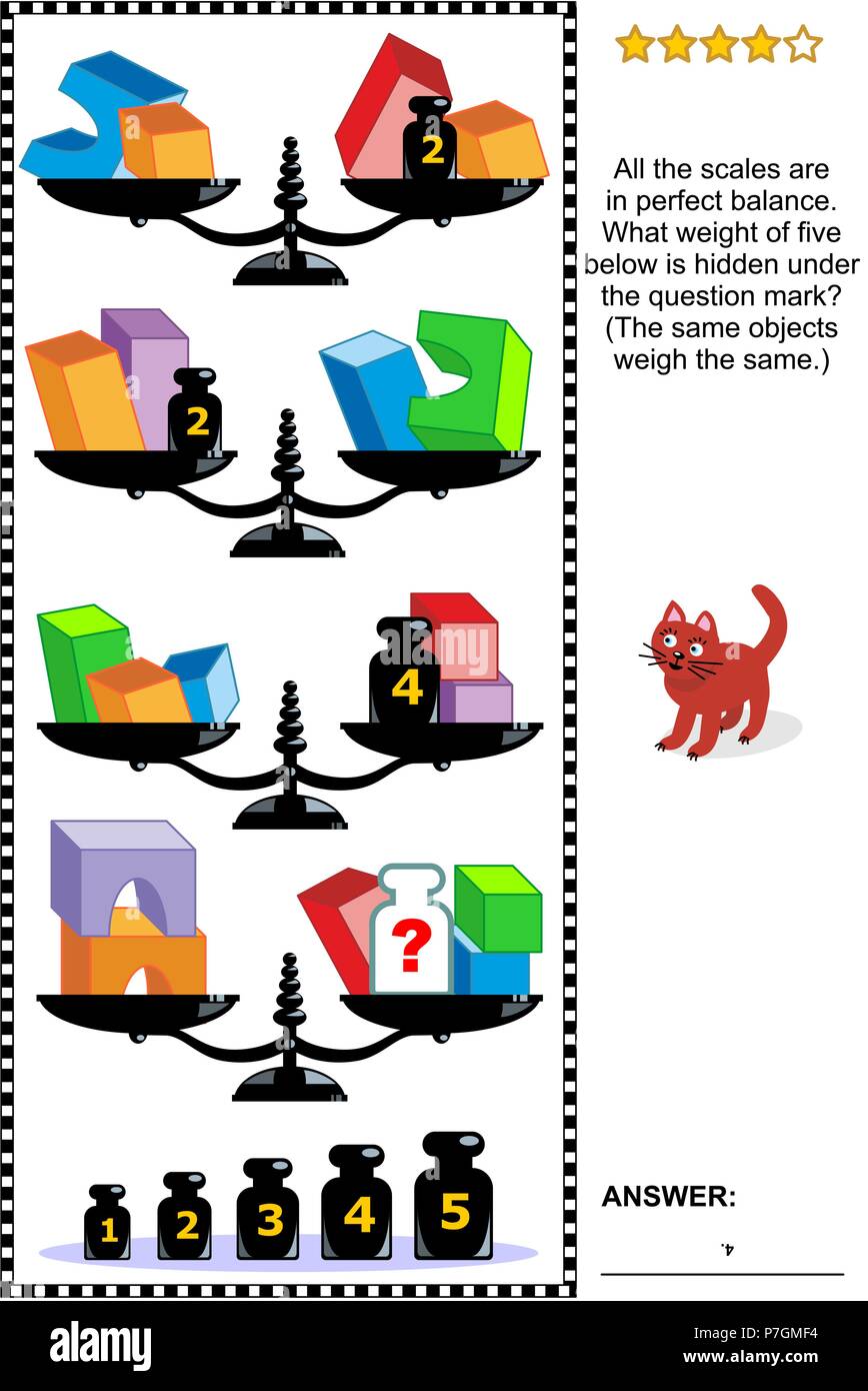 Formazione IQ visual math puzzle con bilance, pesi e solidi - cubetti, archi e parallelepipedi: qual il peso di cinque al di sotto è nascosto? Illustrazione Vettoriale