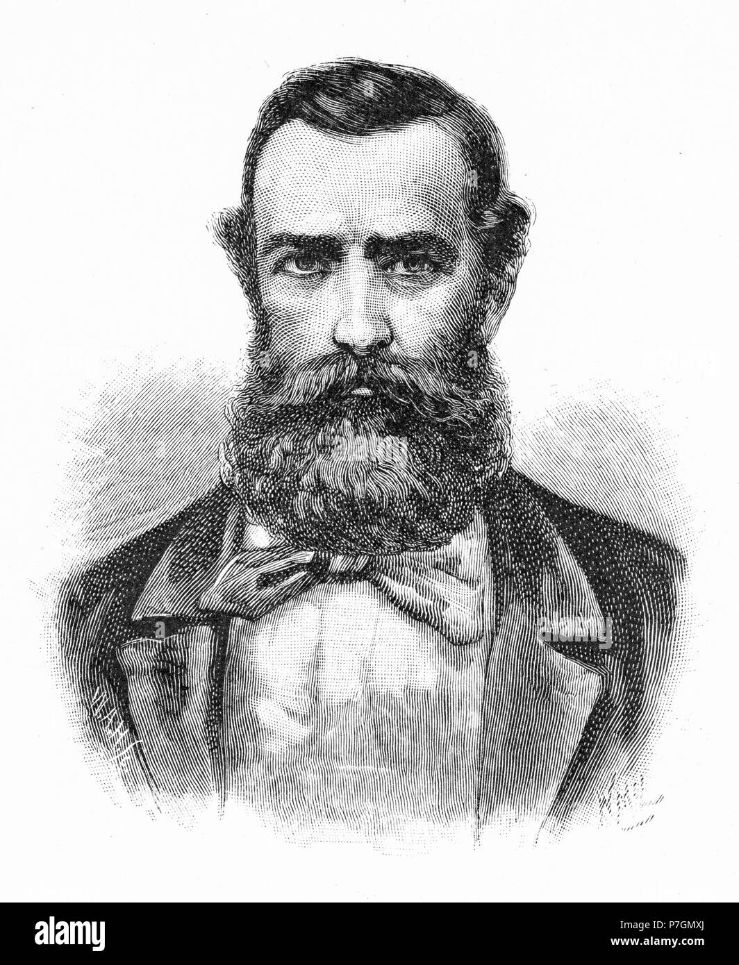 Incisione di George Augustus Frederick Elphinstone Dalrymple (6 maggio 1826 - 22 gennaio 1876), esploratore, funzionario pubblico e politico, membro dell'Assemblea Legislativa del Queensland. Dal pittoresco Atlas dell Australasia Vol 2, 1886 Foto Stock