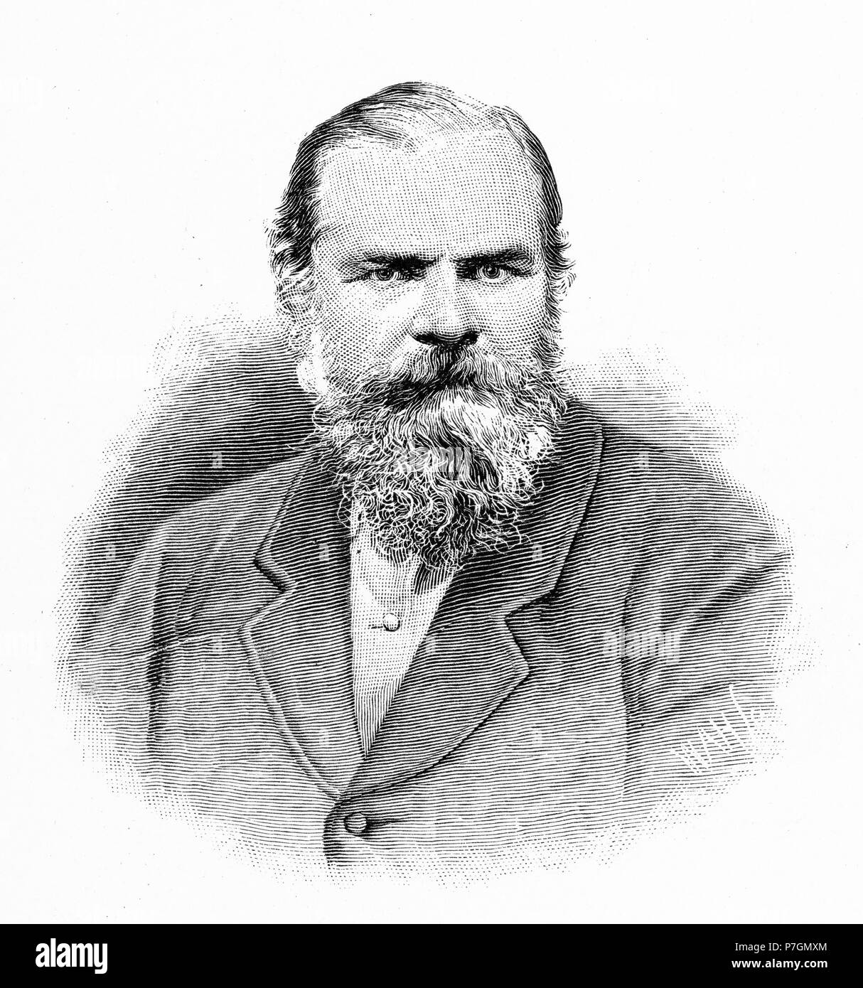 Incisione di William Landsborough (21 febbraio 1825 - 16 Marzo 1886) primo explorer per completare una nord-sud attraversamento dell Australia. Egli è stato un membro del Queensland consiglio legislativo. Dal pittoresco Atlas dell Australasia Vol 2, 1886 Foto Stock