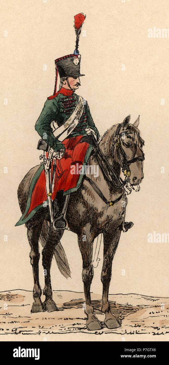 Francia. Uniforme del Regimiento de cazadores. Soldado un caballo en 1823. Foto Stock