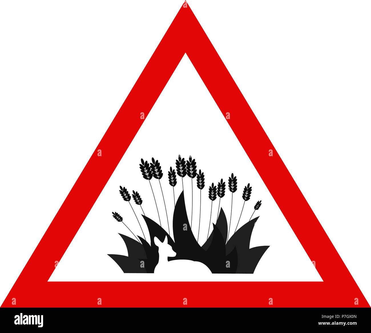 Protezione degli animali. Segnale di avviso con i cervi nascosto nell'erba. Semplice illustrazione vettoriale. Il cervo nascosto in erba Illustrazione Vettoriale