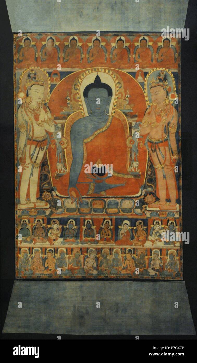 Bhaisajyaguru, Buddha della Medicina. Stato Tangut del Western Xia (982-1227). Khara-Khoto. Tardo XII e il XIII secolo. Tangka: colori su cotone.Lo Stato Museo Hermitage. San Pietroburgo. La Russia. Foto Stock