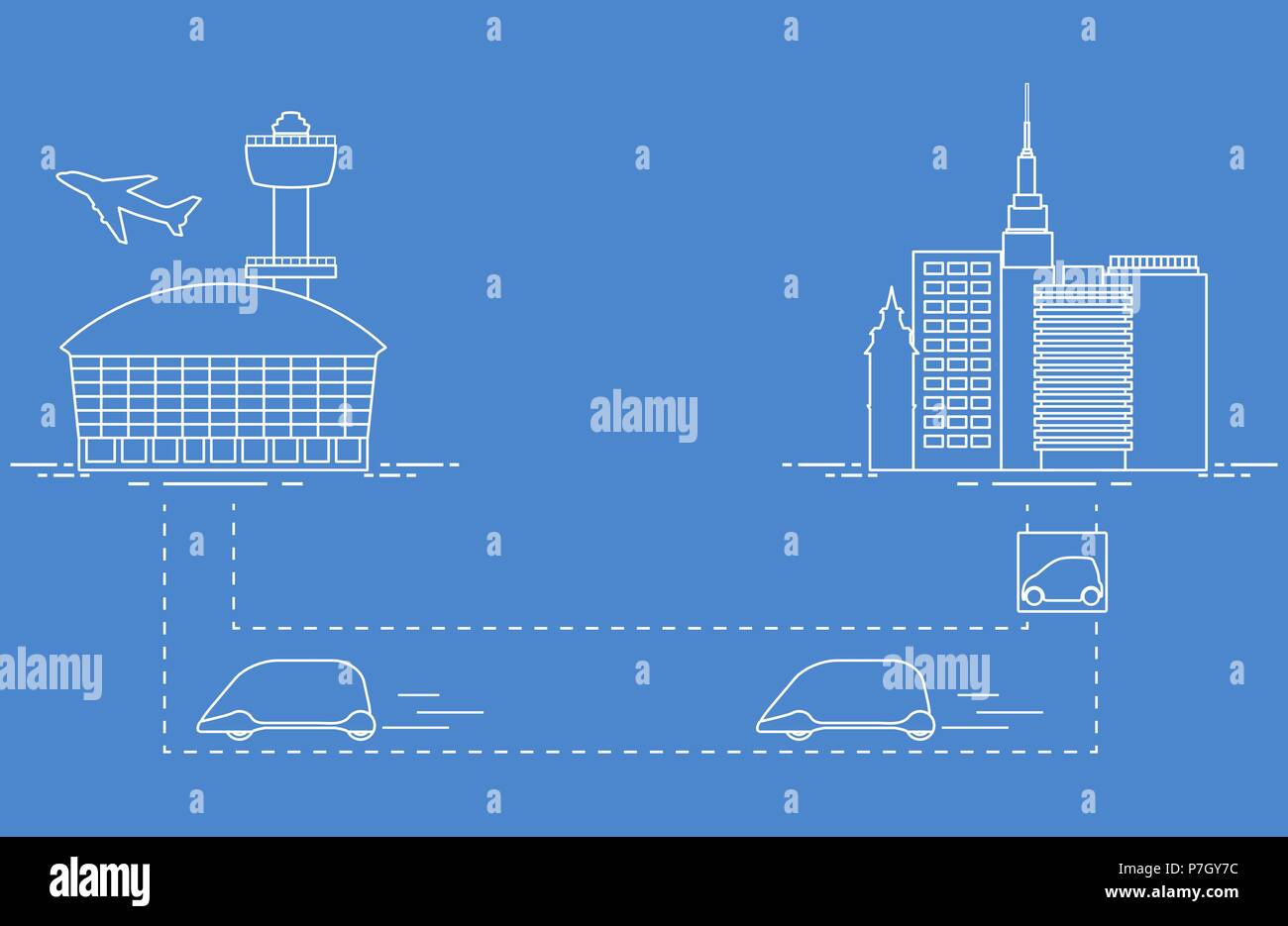 Alta velocità di trasporto di passeggeri dalla città all'aeroporto. Il progresso tecnico e scientifico. La nuova tecnologia. Illustrazione Vettoriale