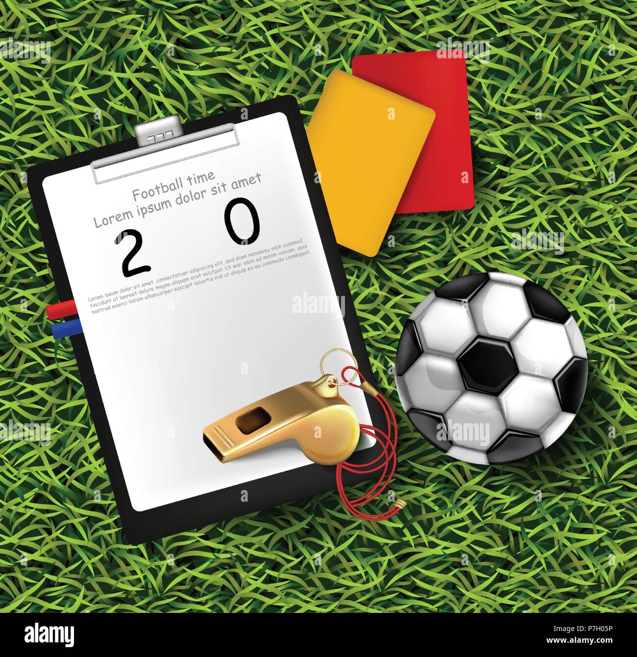 Tabellone, pallone da calcio e fischiare su erba verde illustrazione vettoriale Illustrazione Vettoriale
