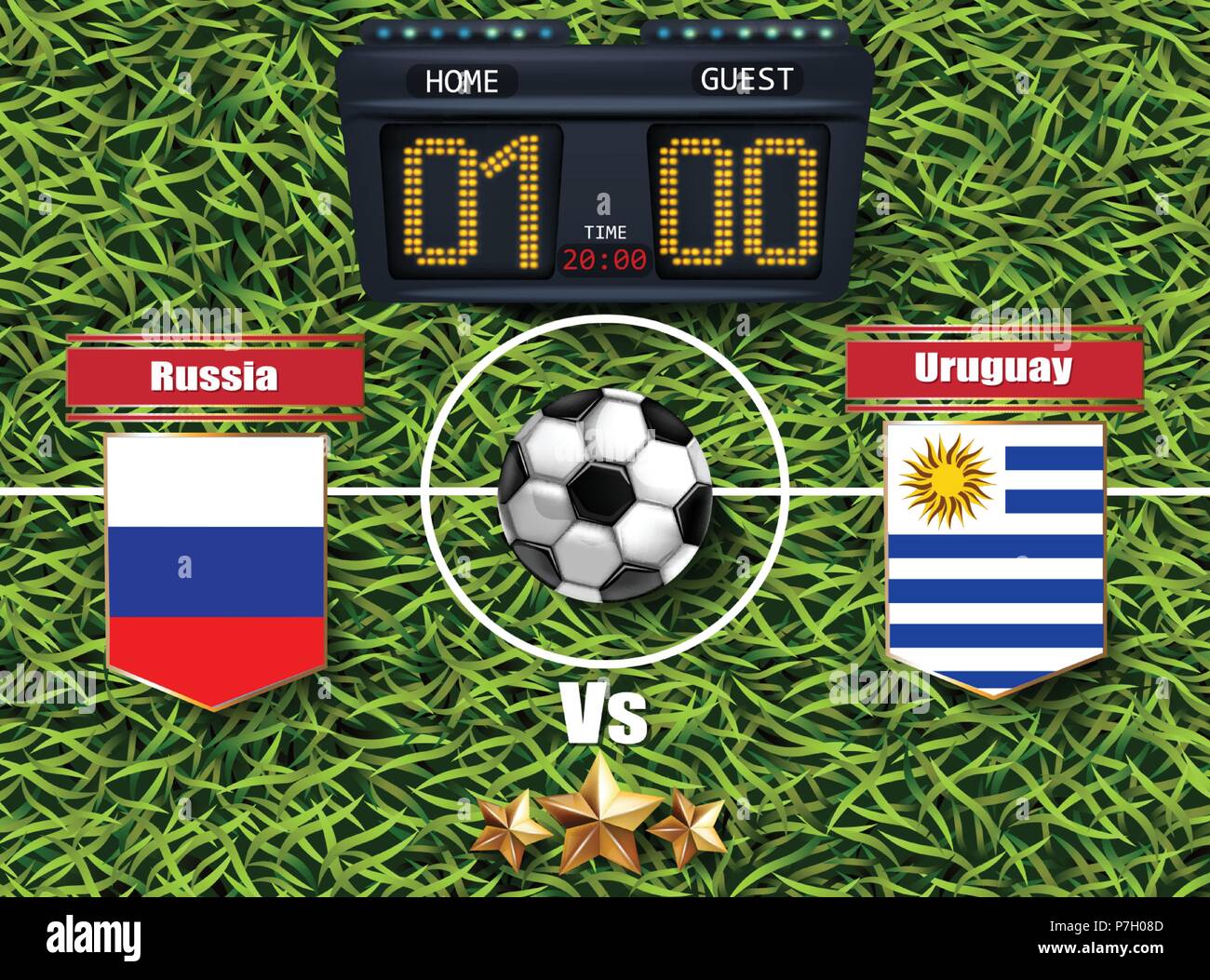 Russia vs Uruguay Football scheda punteggio 2018 del Campionato del Mondo di vettore. Modello realistico le squadre di calcio le bandiere nazionali. erba verde sullo sfondo Illustrazione Vettoriale