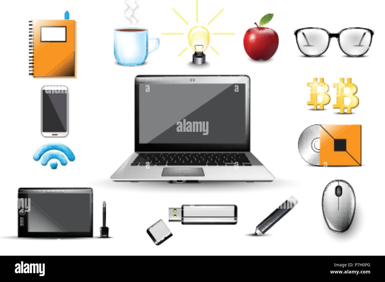 Spazio di lavoro vettore. Computer, USB, notebook, bicchieri, strumenti di office elementi modello icone illustrazione Illustrazione Vettoriale