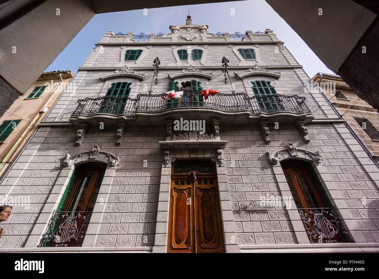 Edificio de estilo modernista de Can Prunera, siglo XX, Soller, Sierra de Tramuntana, Maiorca, isole Baleari, Spagna, Europa. Foto Stock