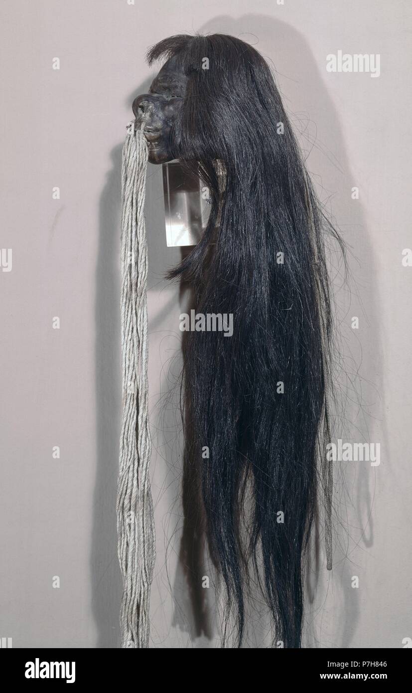 CABEZA HUMANA REDUCIDA DE JIBARO. Posizione: MUSEO DE AMERICA-COLECCION, MADRID, Spagna. Foto Stock