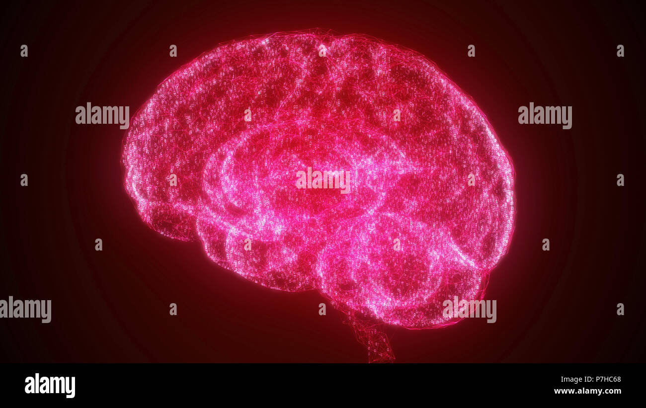 Digital Intelligenza Artificiale cervello rosso in una nube di particelle di dati binari nel ciberspazio futuristico. Rete neurale di apprendimento profondo concetto tecnologico Foto Stock