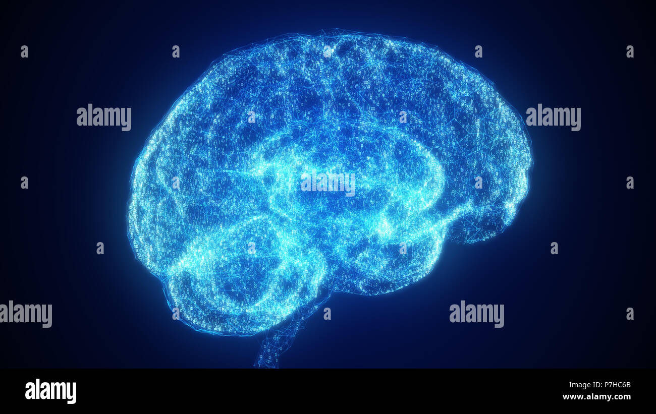 Digital Intelligenza Artificiale cervello blu nella nube di particelle di dati binari nel ciberspazio futuristico. Rete neurale di apprendimento profondo concetto tecnologico Foto Stock