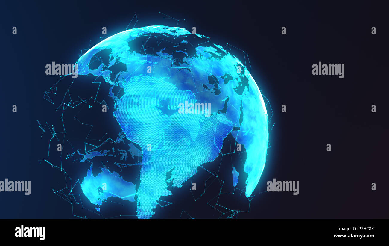 Il futuristico messa a terra digitale e gira con i nodi di rete di collegamento e circondano il mondo. Moderna età digitale, la connettività globale e distribuito cripta Foto Stock