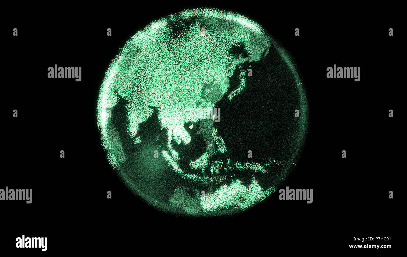 Il futuristico messa a terra digitale gira con un luminoso continenti del computer pixel. Moderna età digitale, la connettività globale e distribuito cryptocurrency blocco Foto Stock