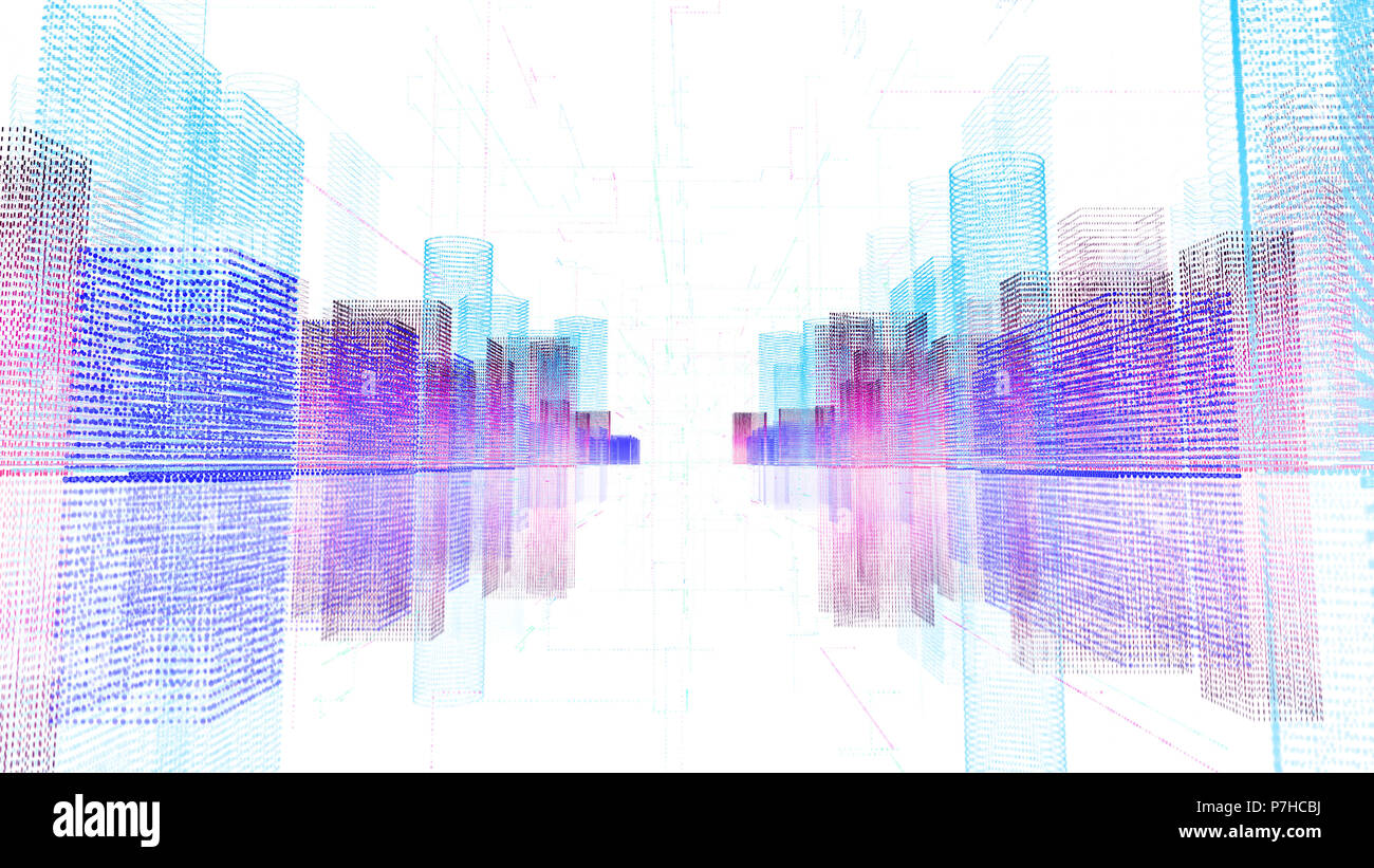 Abstract ologramma digitale 3D illustrazione della città con matrice futuristico. Edifici digitale con un codice binario particelle rete. Concetto di tecnologia Foto Stock