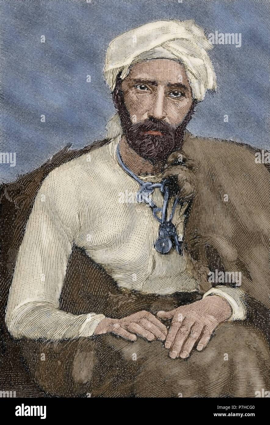 Mirza Reza Kermani (d.,1896). Rivoluzionario iraniano. Aderente di Jamal al-Din al-Afghano. Ritratto. Incisione in 'La Ilustracio n artistica", 1896. Colorati. Foto Stock