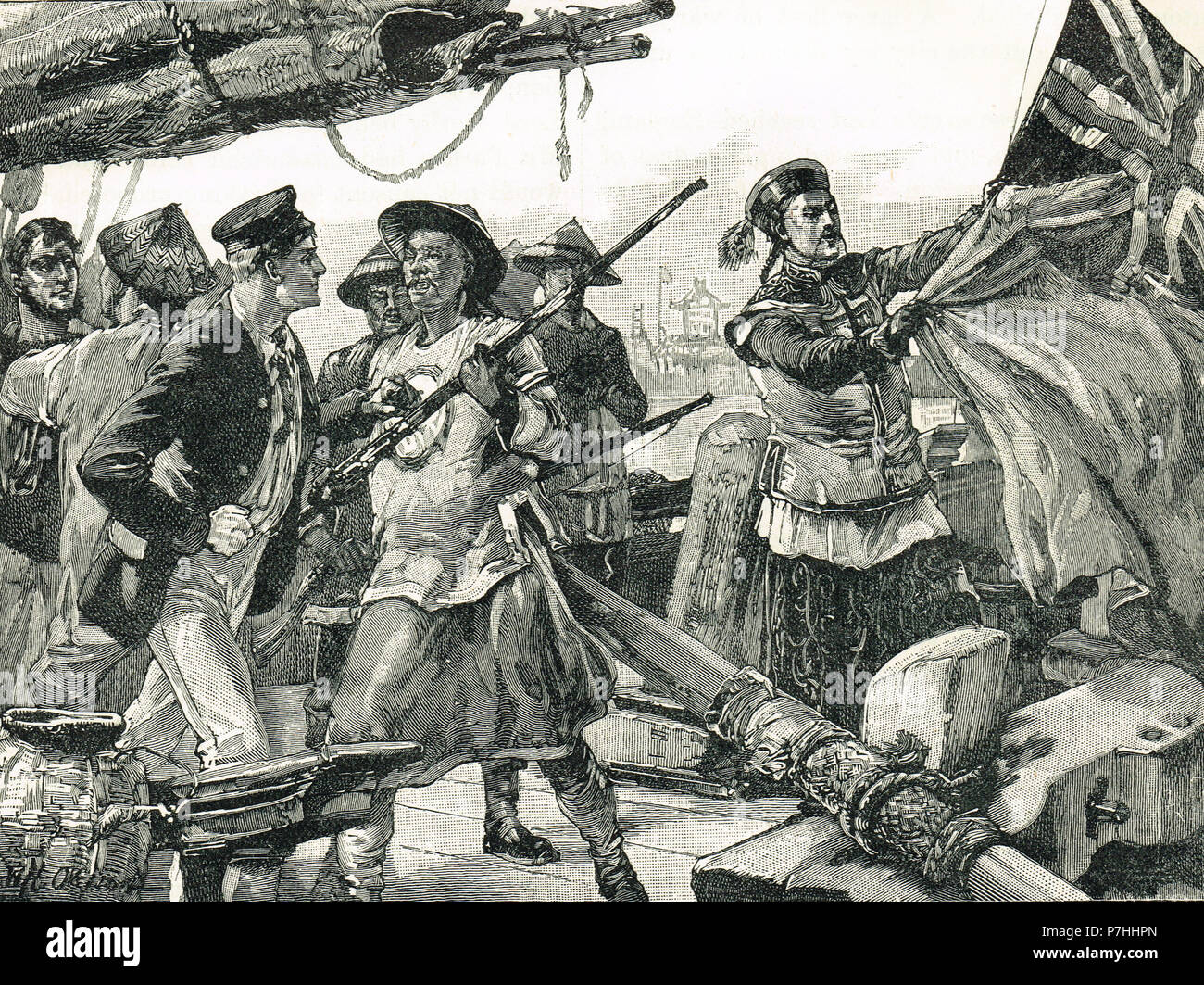 Funzionari cinesi tira verso il basso la bandiera britannica a bordo della freccia. La freccia incidente, punto di partenza della seconda guerra di oppio, Ottobre 1856 Foto Stock