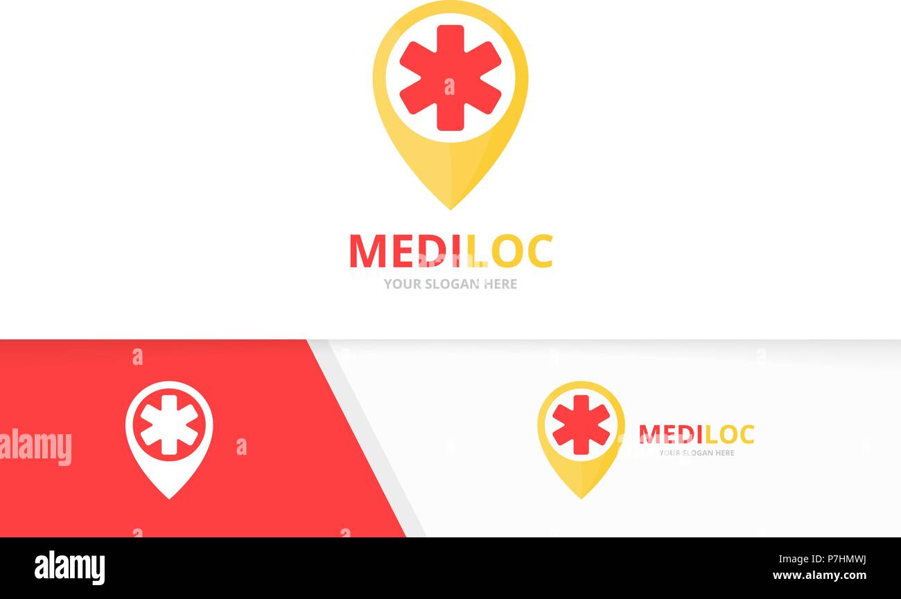 Vector ambulanza e il puntatore mappa combinazione di logo. Medic e localizzatore GPS di simbolo o icona. Unica emergenza e logotipo pin modello di disegno. Illustrazione Vettoriale