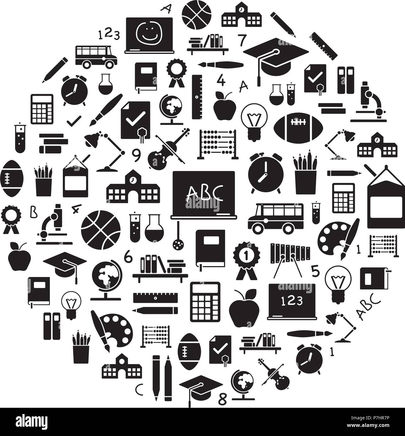 Il mondo dell'istruzione. Scuola le relative icone disposte in cerchio Illustrazione Vettoriale