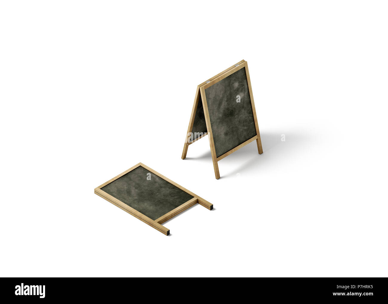 Blank chalk board street stand mockup, vista isometrica, rendering 3d. Chiara segnaletica esterna con blackboard mock up isolato. Una scheda di insieme con f in legno Foto Stock