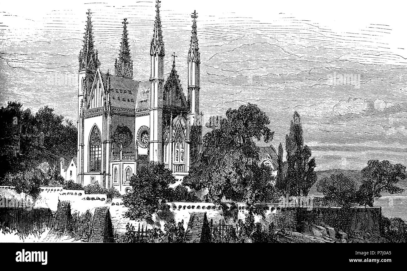 Vintage incisione Apollinariskirche in Remagen, Germania, neo gotico chiesa rebuit nel XIX secolo sui resti di una precedente. Foto Stock