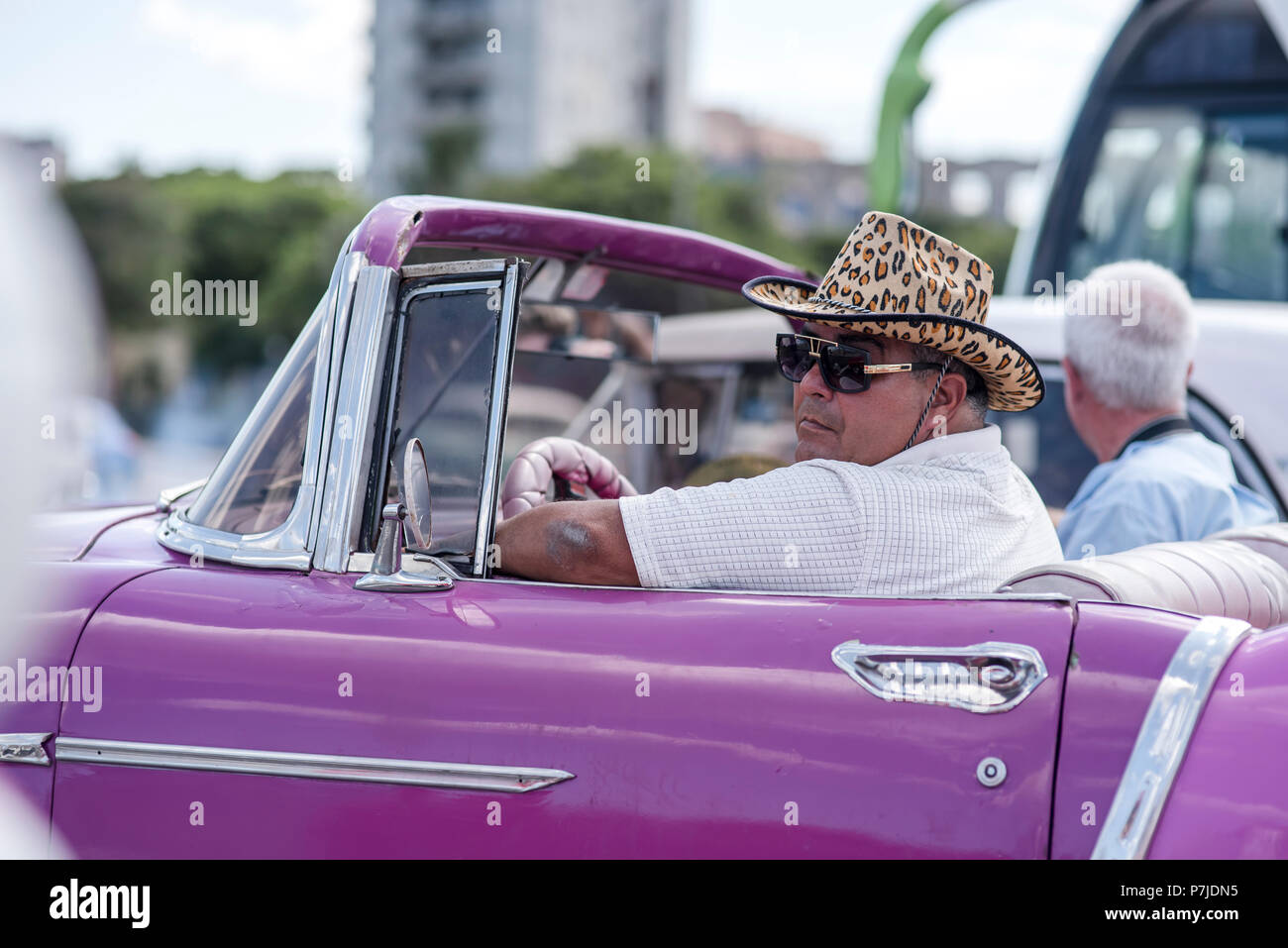 Un uomo in un appariscente cheetah-stampare il cappello da cowboy attende nel traffico nel suo viola convertibile in Avana, Cuba. Foto Stock