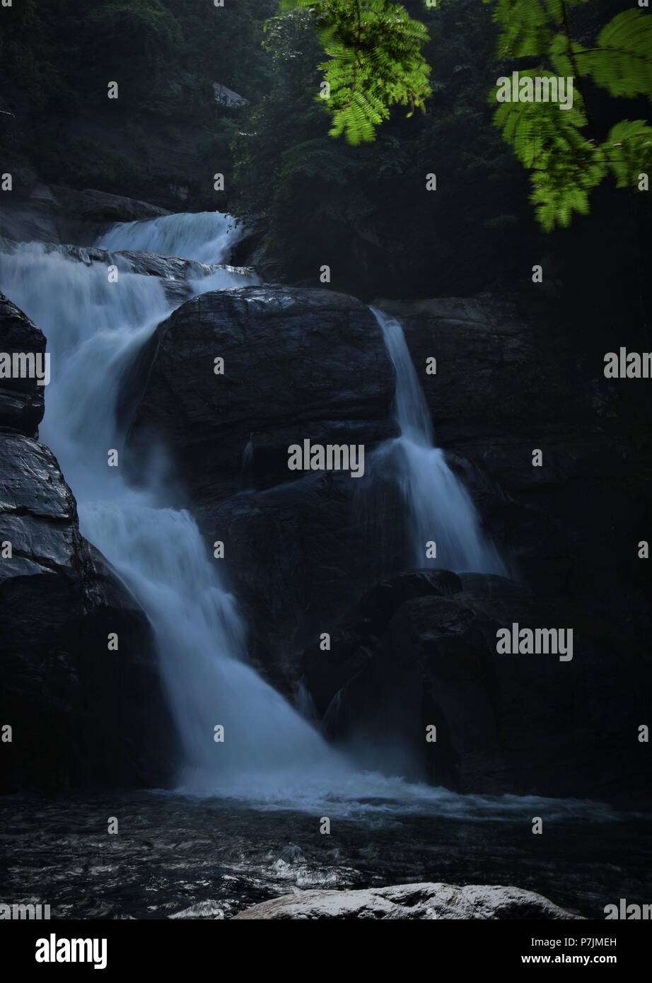 Splendide vedute delle Cascate Meenmutty vicino Ponmudi Hill Station - Trivandrum, Kerala. Foto Stock