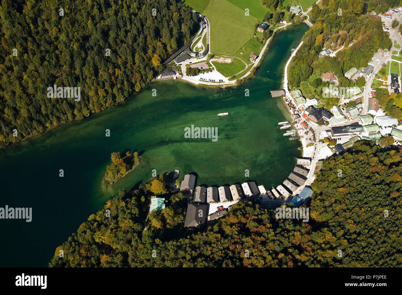 Königsee a Schönau nel Berchtesgadener Land, vista aerea, Baviera, Germania Foto Stock